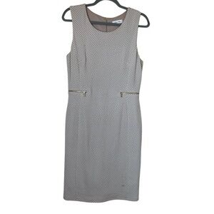 Calvin Klein Midi Sheath Dress SZ 10 Sleeveless Beige Polka Dot Career Wear